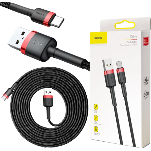 KABEL USB-A / USB-C Baseus Cafule CATKLF-U91 300cm 2A QC 3.0 CZARNO-CZERWONY W OPLOCIE