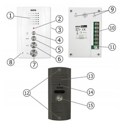 DOMOFON ''EURA'' ADP-51A3 ''DIFESA'' - 1-rodzinny, 2 unifony, interkom, biały