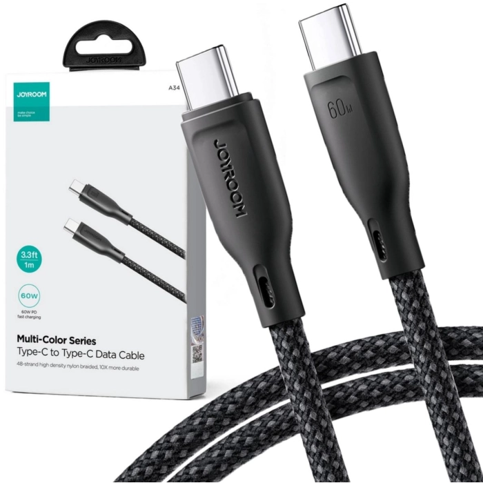 Kabel USB-C / USB-C Joyroom SA34-CC3 100cm 60W 5A PD w oplocie czarny