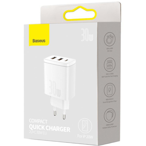 ŁADOWARKA SIECIOWA Baseus Compact Quick Charger CCXJ-E02 30W 2x USB-A 1x USB-C PD 3.0 QC 3.0 BIAŁA