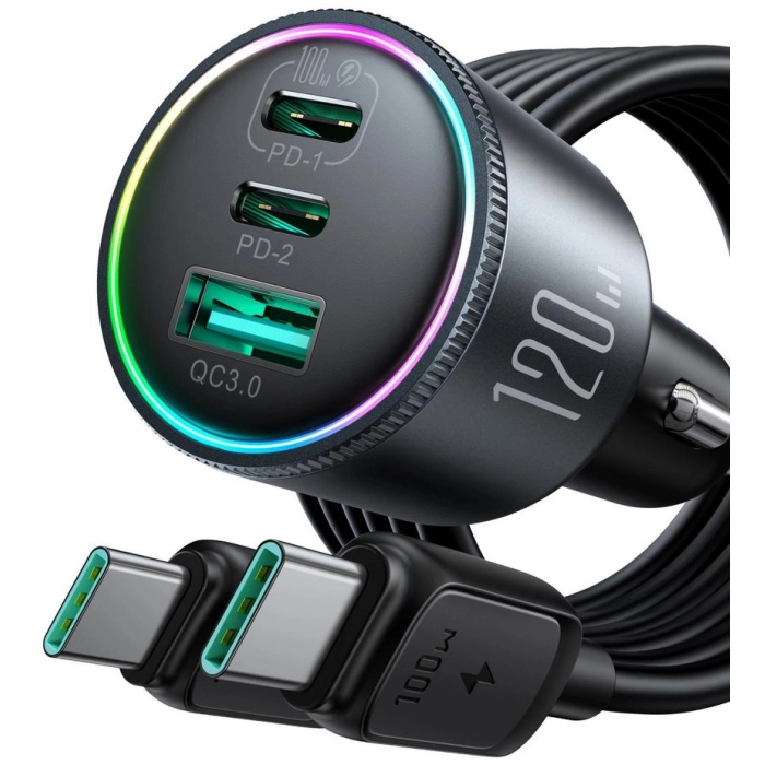 Ładowarka samochodowa Joyroom JR-CCN07 120W 5.0A PD 3.0 QC 3.0 1x USB-A 2x USB-C + kabel