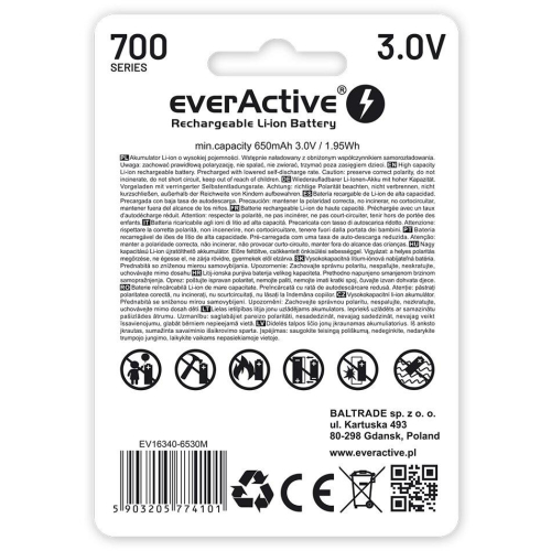 Akumulatorek 16340 / R-CR123 3V everActive 700mAh (1 szt.) z zabezpieczeniem