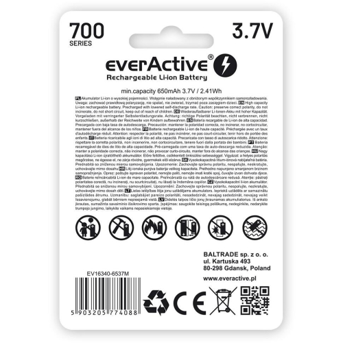 Akumulatorek 16340 / R-CR123 3,7V everActive 700mAh (1 szt.) z zabezpieczeniem