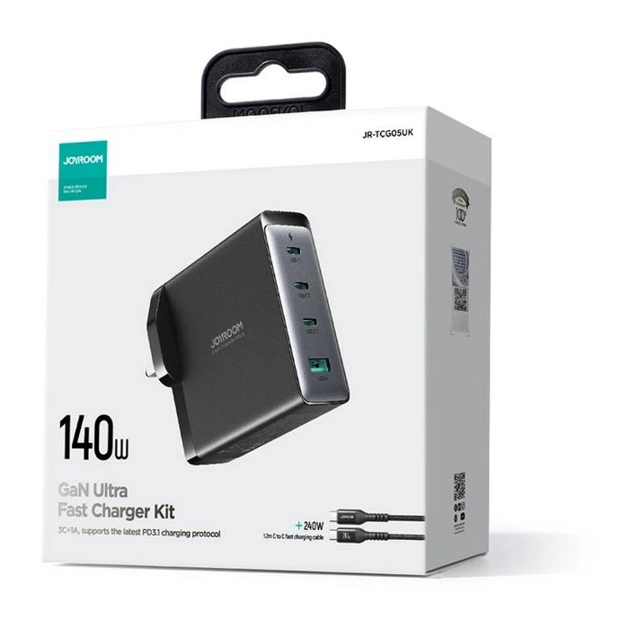 Ładowarka sieciowa Joyroom GaN Ultra JR-TCG05EU 140W PD 3.0 QC 3.0 3x USB-C 1x USB-A czarna + kabel